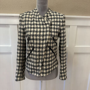 ZARA BASIC Tweed Cropped Textured Jacket:XS Plaid Asymmetric Zip Pockets Blazer